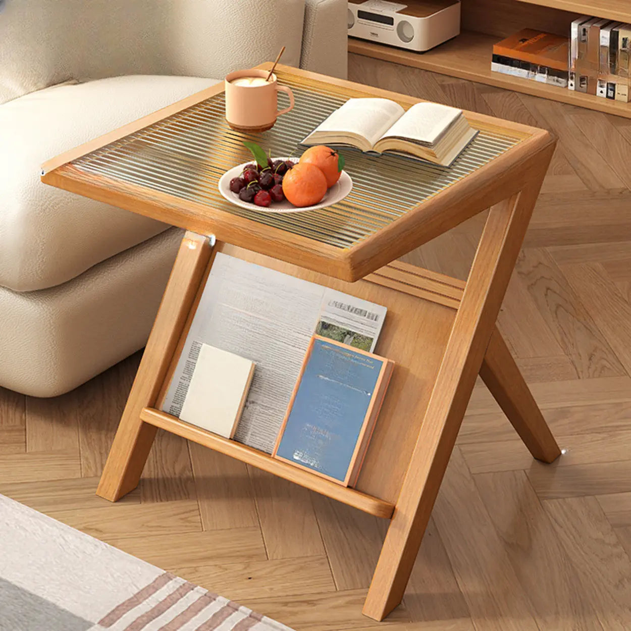 Scandinavian Wood and Glass Side Table with Shelf — Walnut