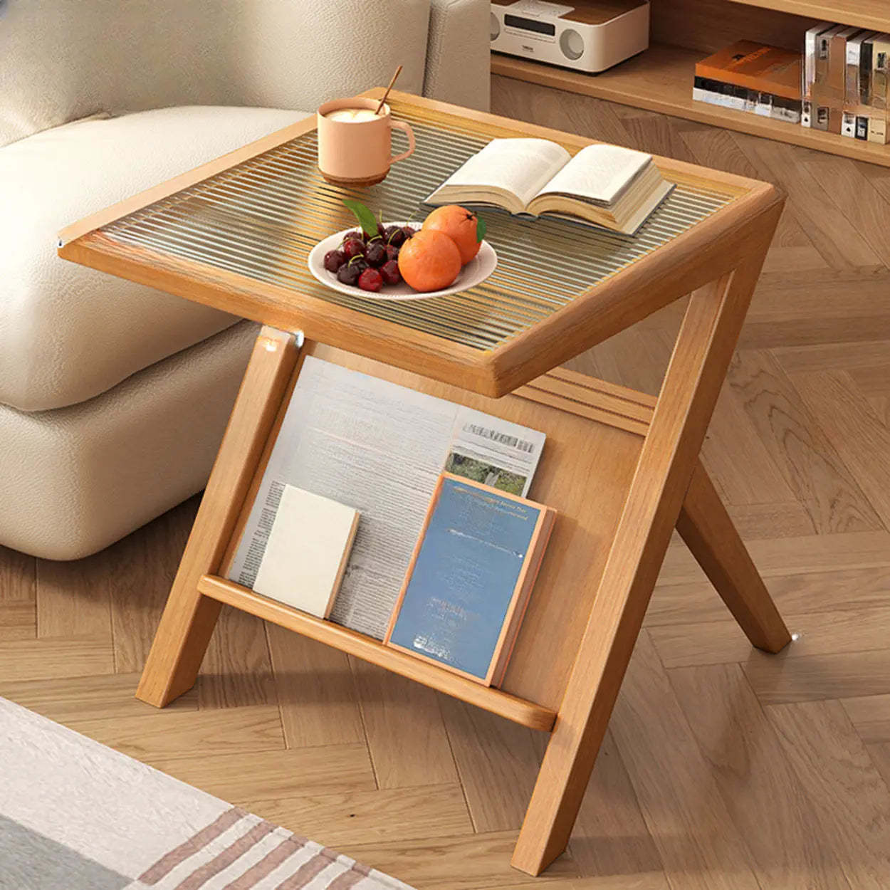 Scandinavian Wood and Glass Side Table with Shelf — Walnut