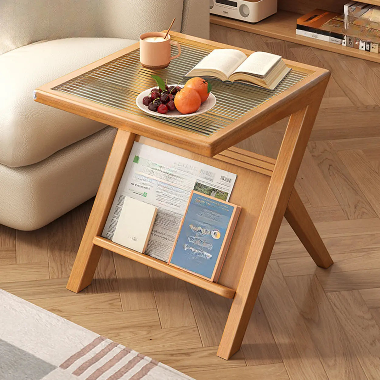 Scandinavian Wood and Glass Side Table with Shelf — Walnut