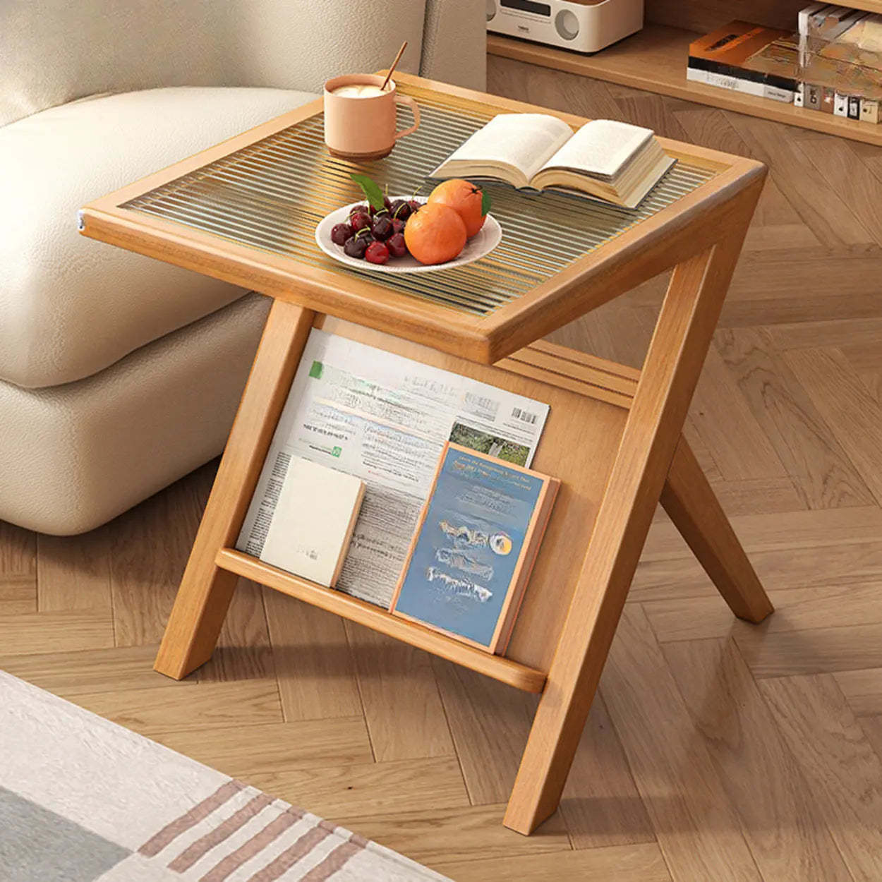 Scandinavian Wood and Glass Side Table with Shelf — Walnut