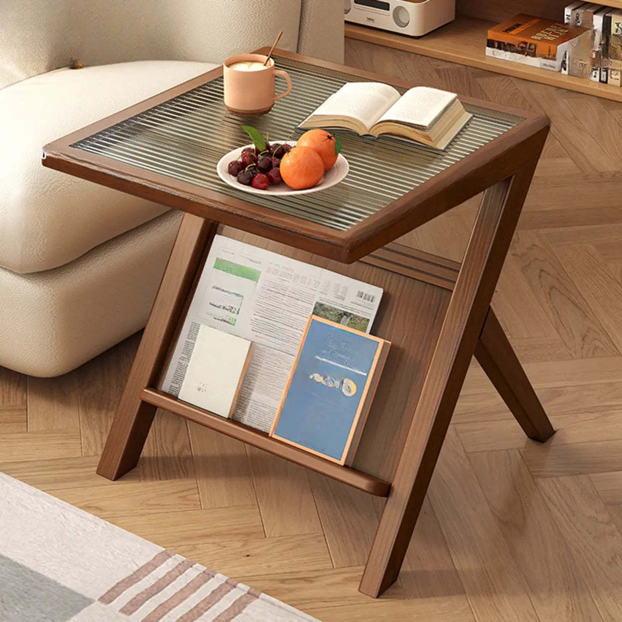 Scandinavian Wood and Glass Side Table with Shelf