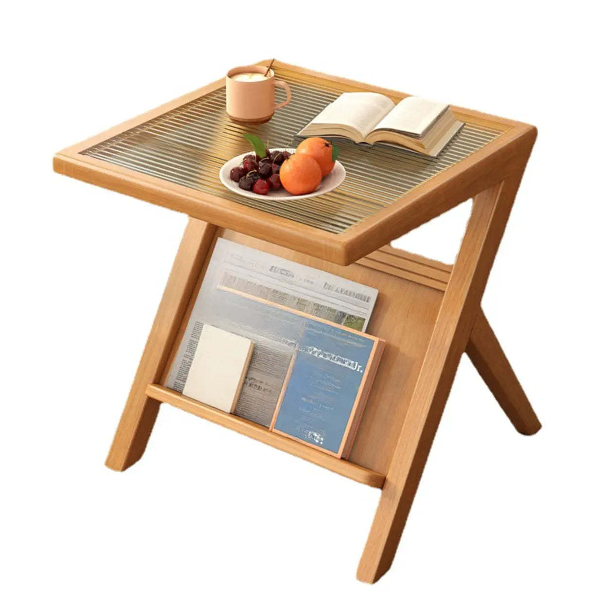Scandinavian Wood and Glass Side Table with Shelf
