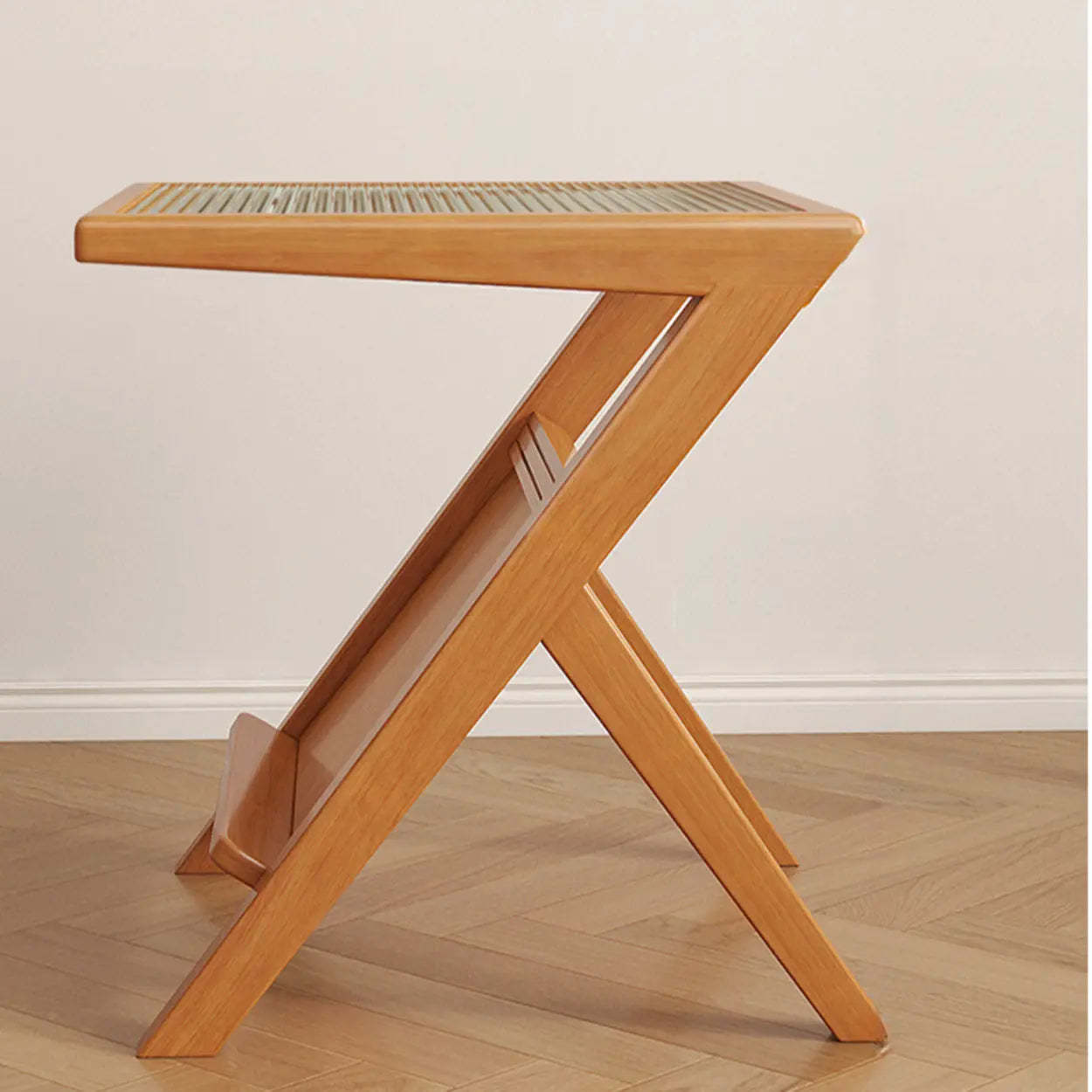 Scandinavian Wood and Glass Side Table with Shelf
