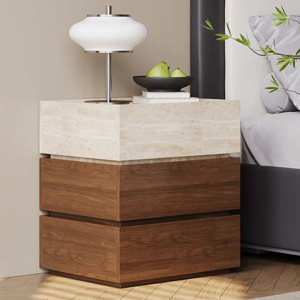 Scandinavian Brown Beige Wood Nightstand