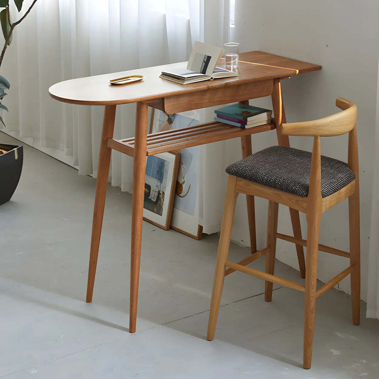 Scandinavian Wood Counter Height Bar Table with Shelf — Table Only