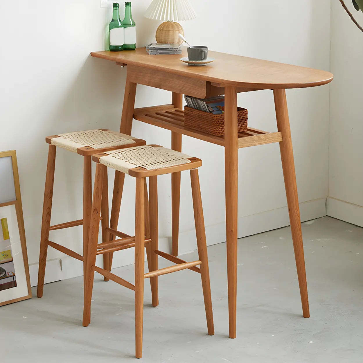 Scandinavian Wood Counter Height Bar Table with Shelf — Table Only