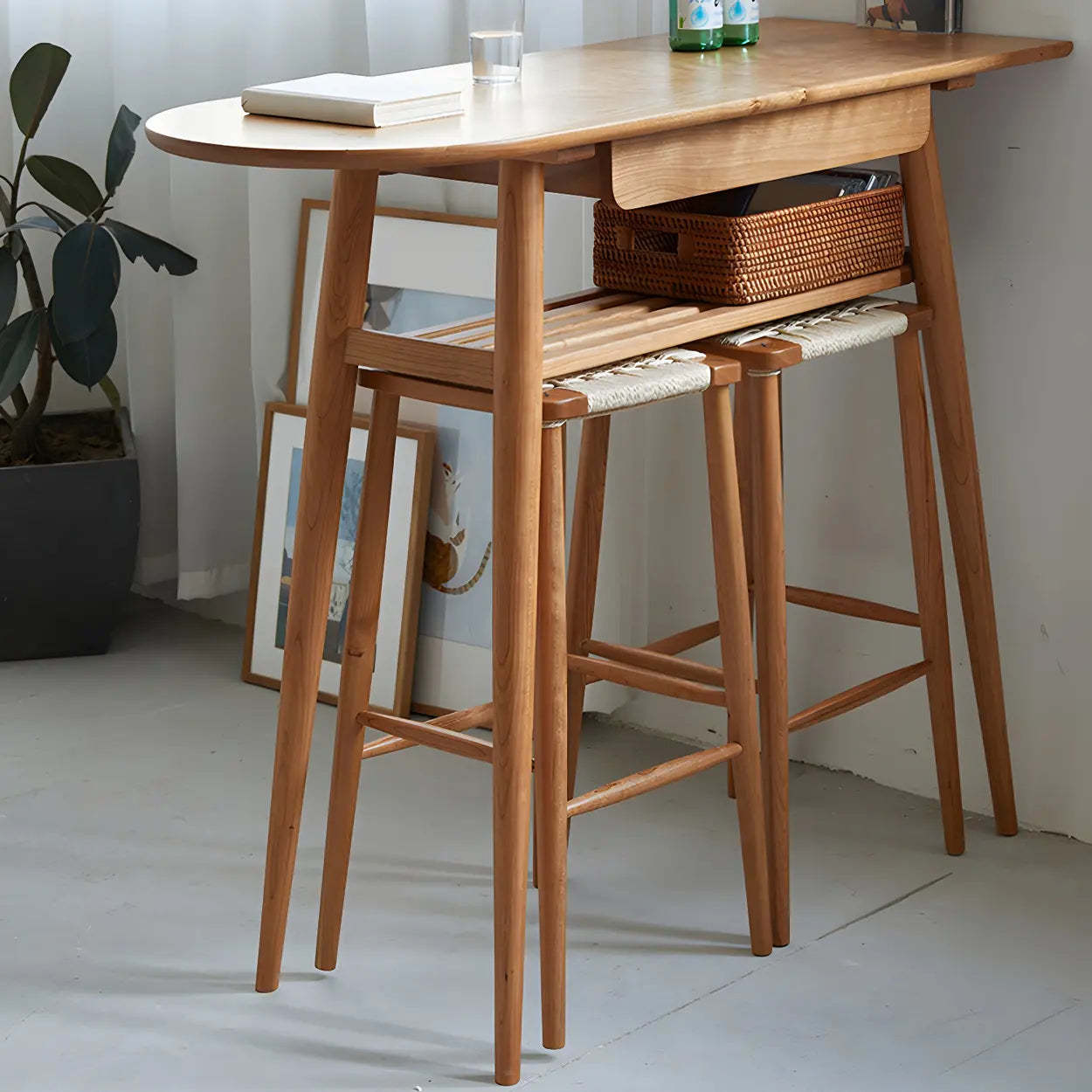 Scandinavian Wood Counter Height Bar Table with Shelf