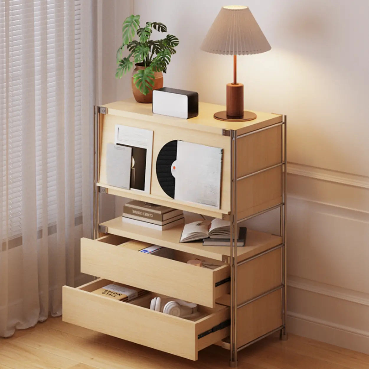 Scandinavian Small Wood Bookshelf with Drawers