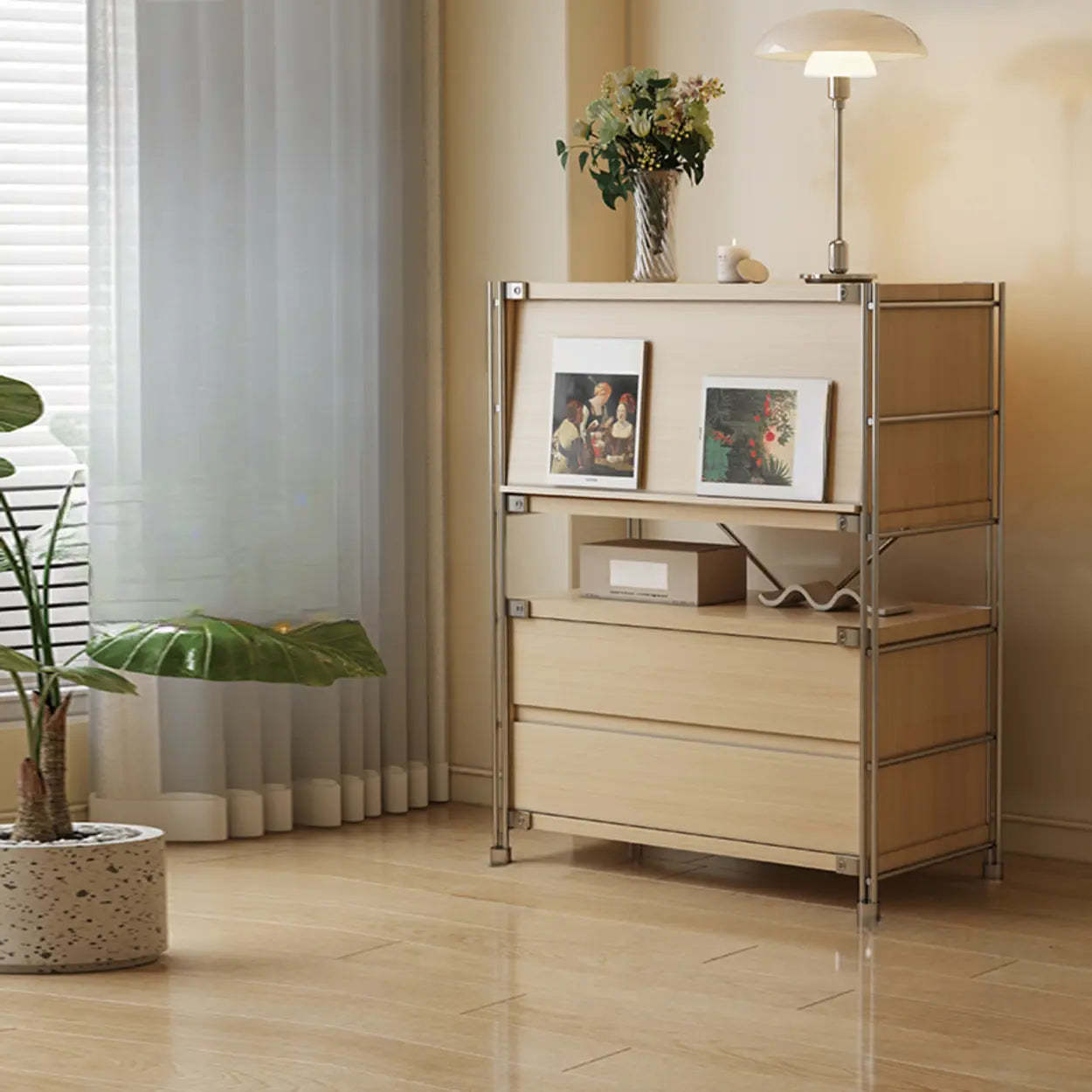 Scandinavian Small Wood Bookshelf with Drawers — Black