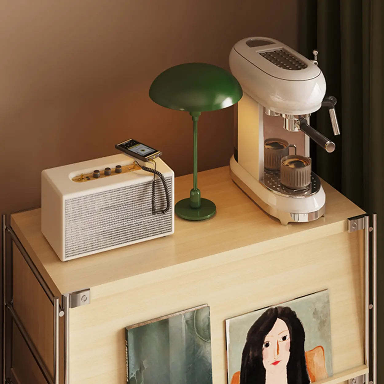 Scandinavian Small Wood Bookshelf with Drawers — Nut/Brown