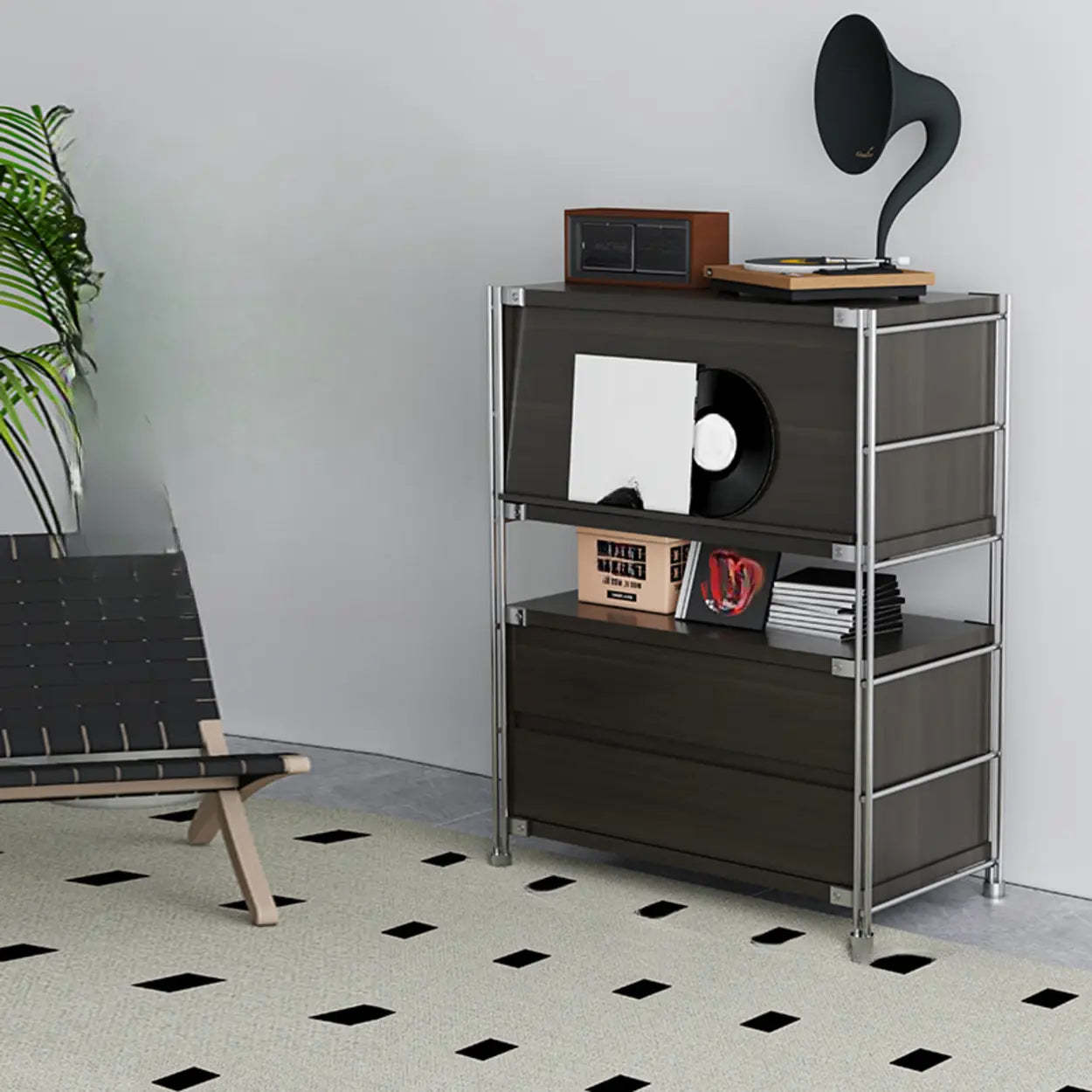 Scandinavian Small Wood Bookshelf with Drawers — Nut/Brown