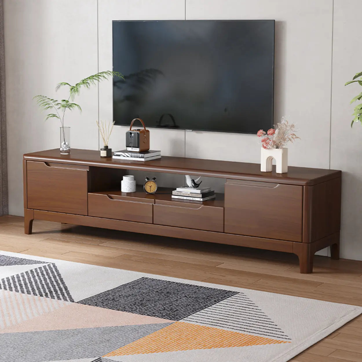 Scandinavian Wood TV Stand with Drawers — Brown/ White