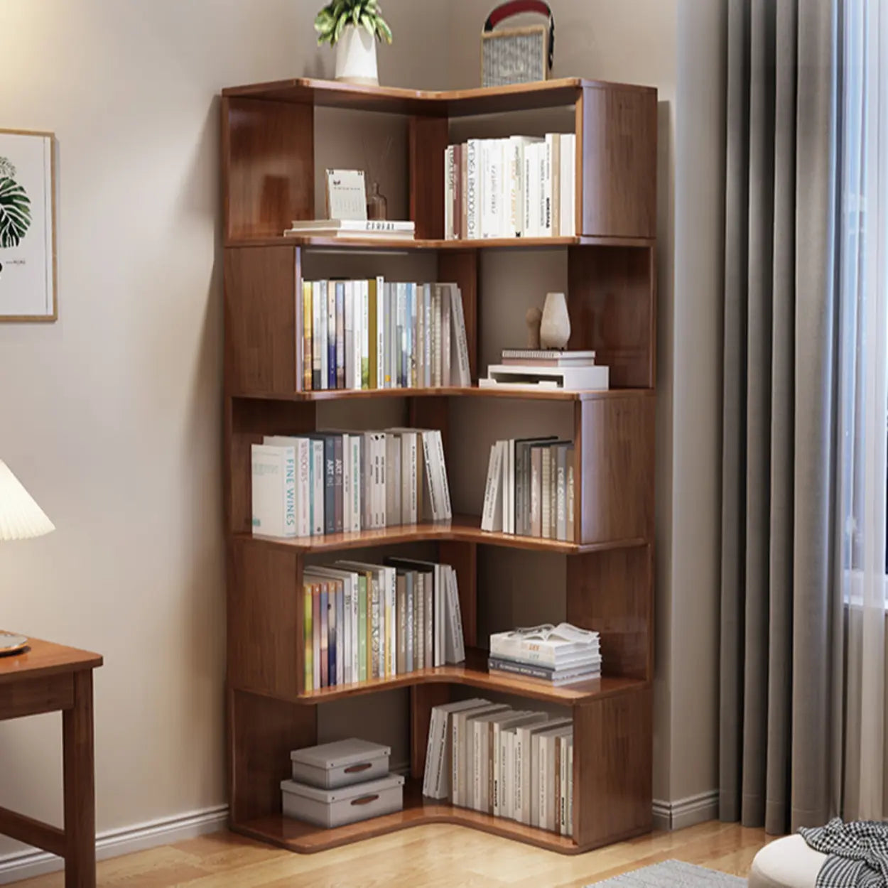 Scandinavian Wood Corner L-Shaped Bookshelf