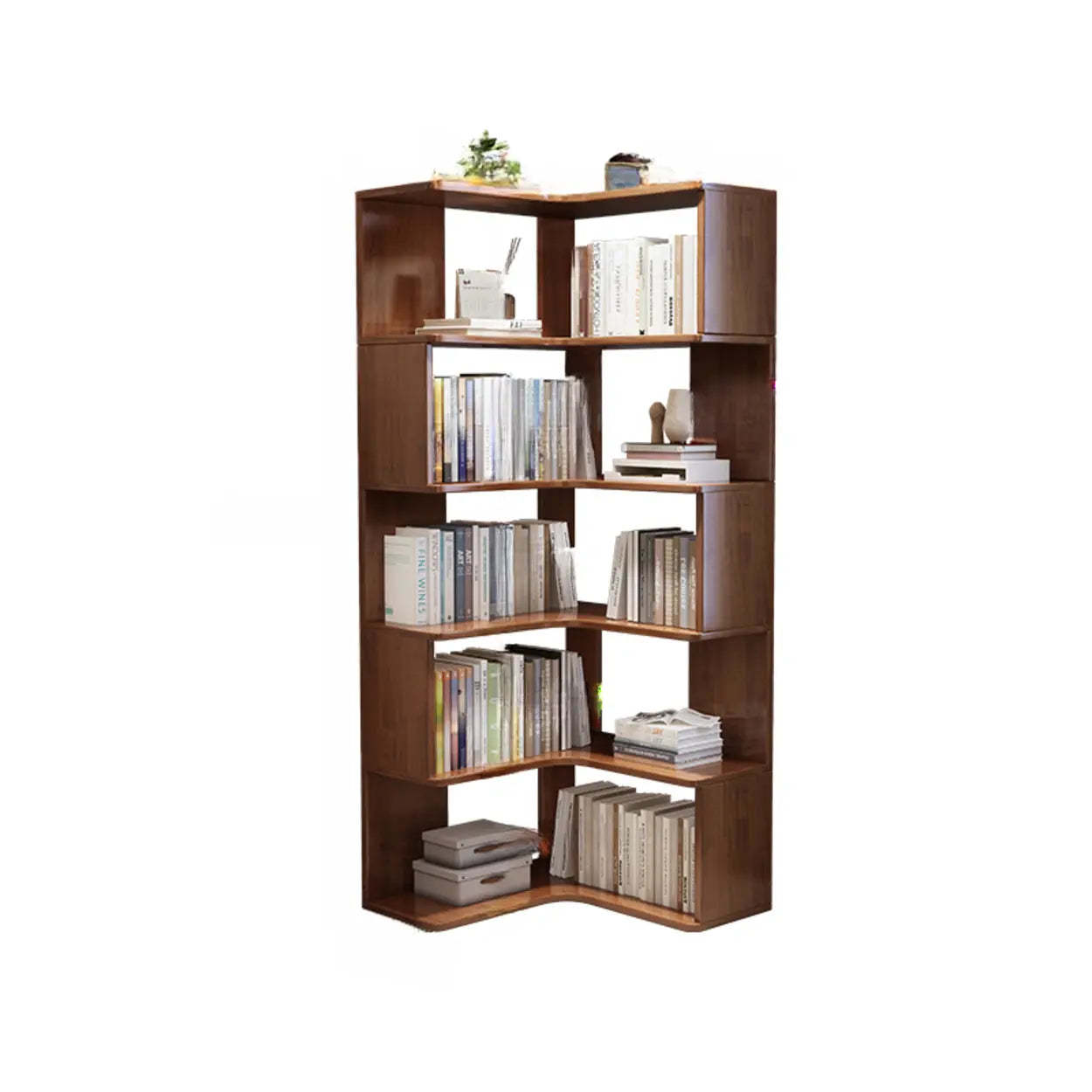 Scandinavian Wood Corner L-Shaped Bookshelf — Wood Color