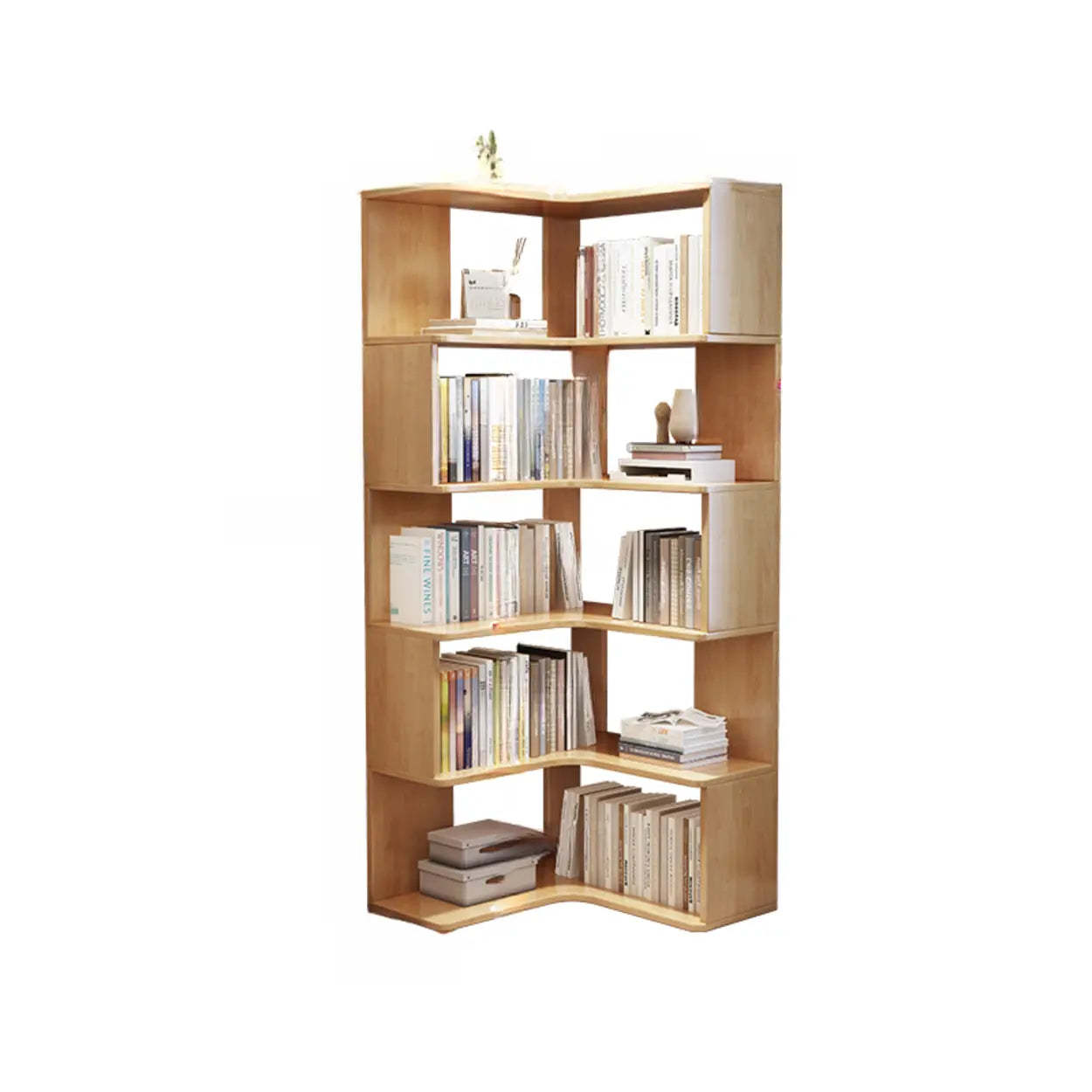 Scandinavian Wood Corner L-Shaped Bookshelf — Walnut