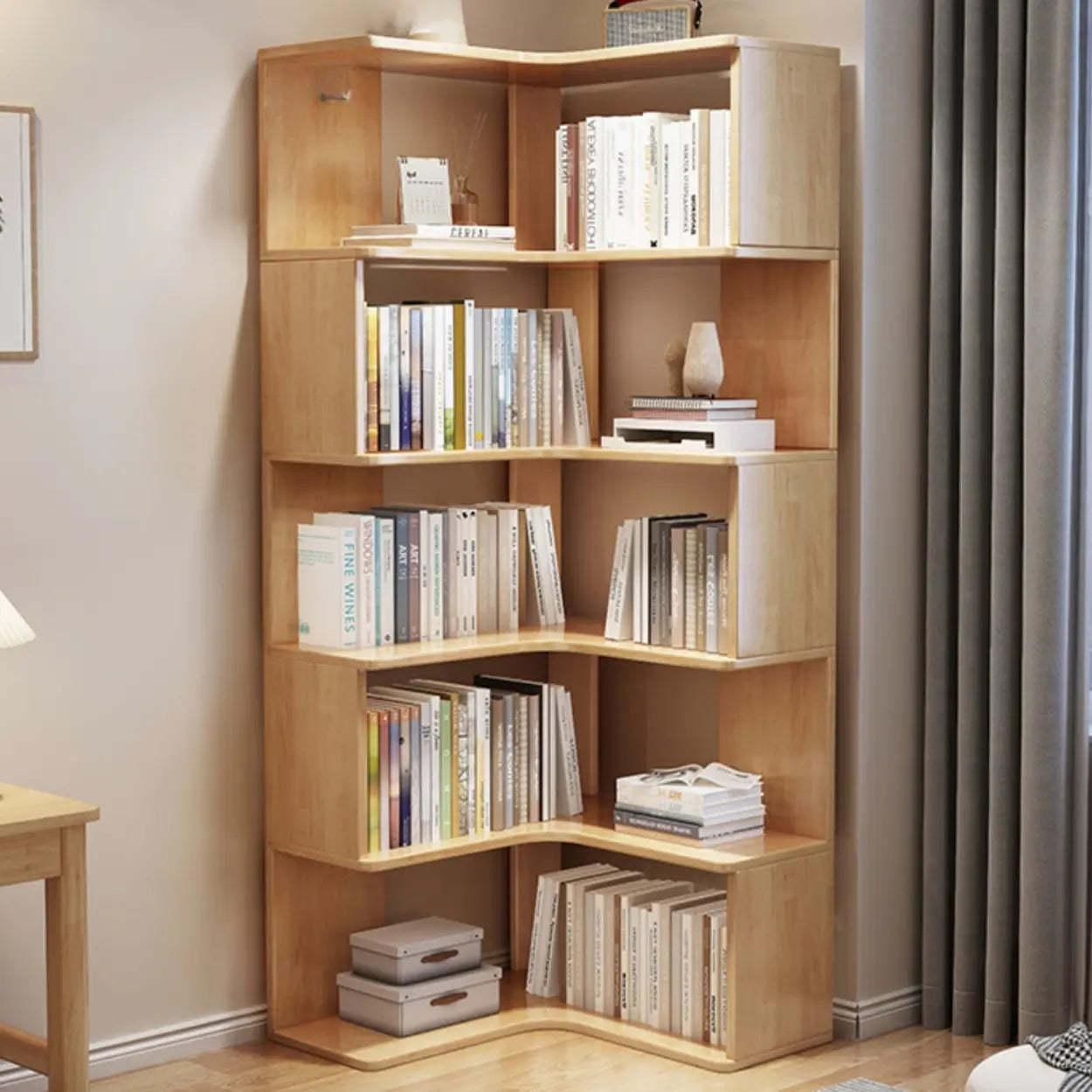 Scandinavian Wood Corner L-Shaped Bookshelf — Grey