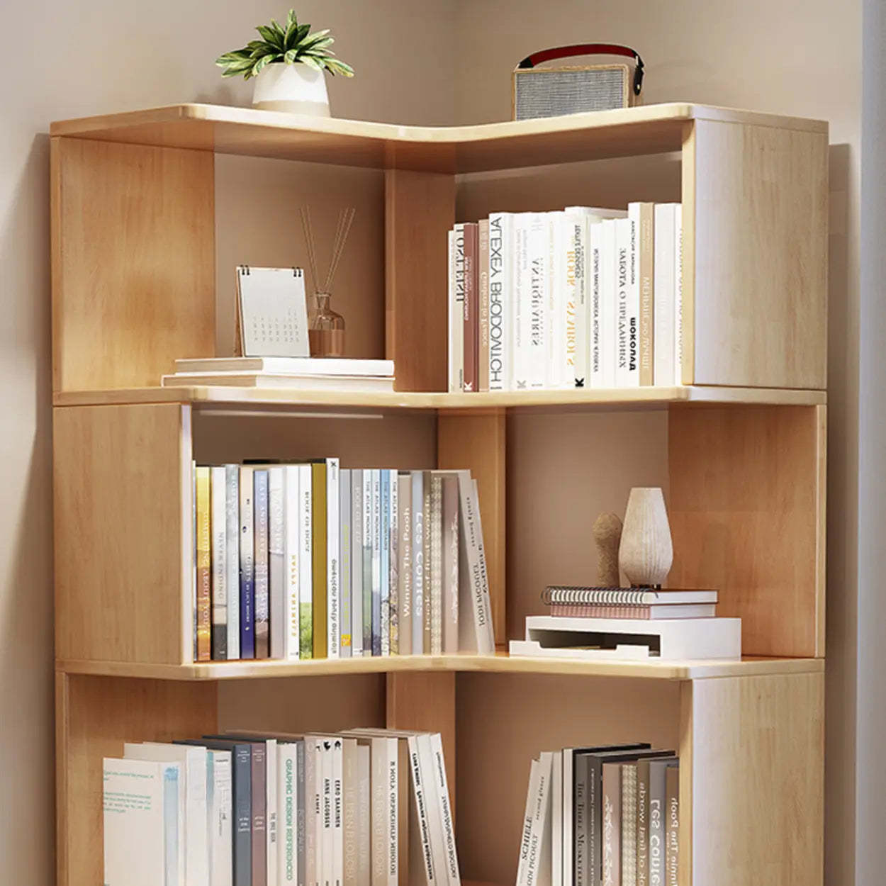 Scandinavian Wood Corner L-Shaped Bookshelf