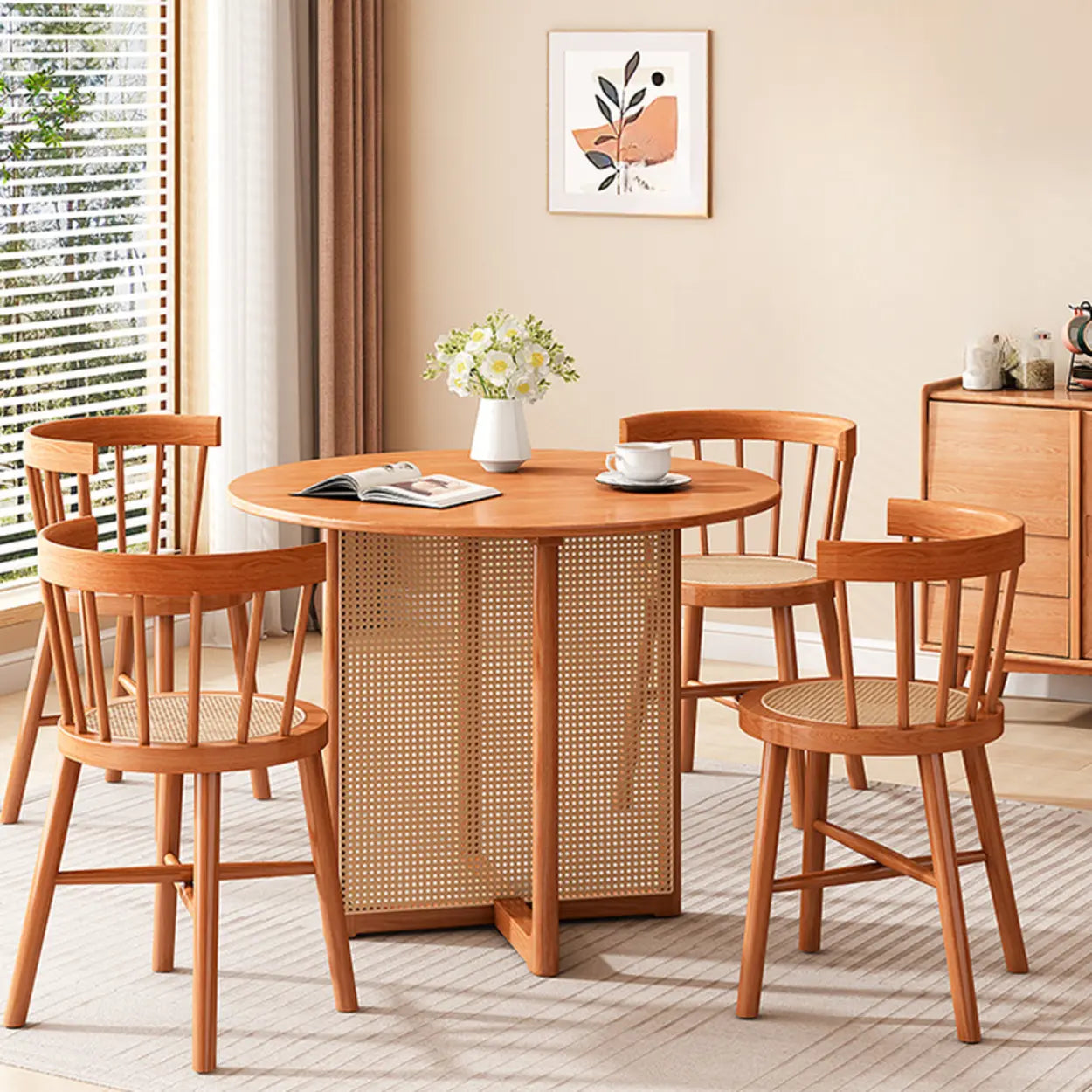 Scandinavian Woven Rattan Round Wood Dining Table