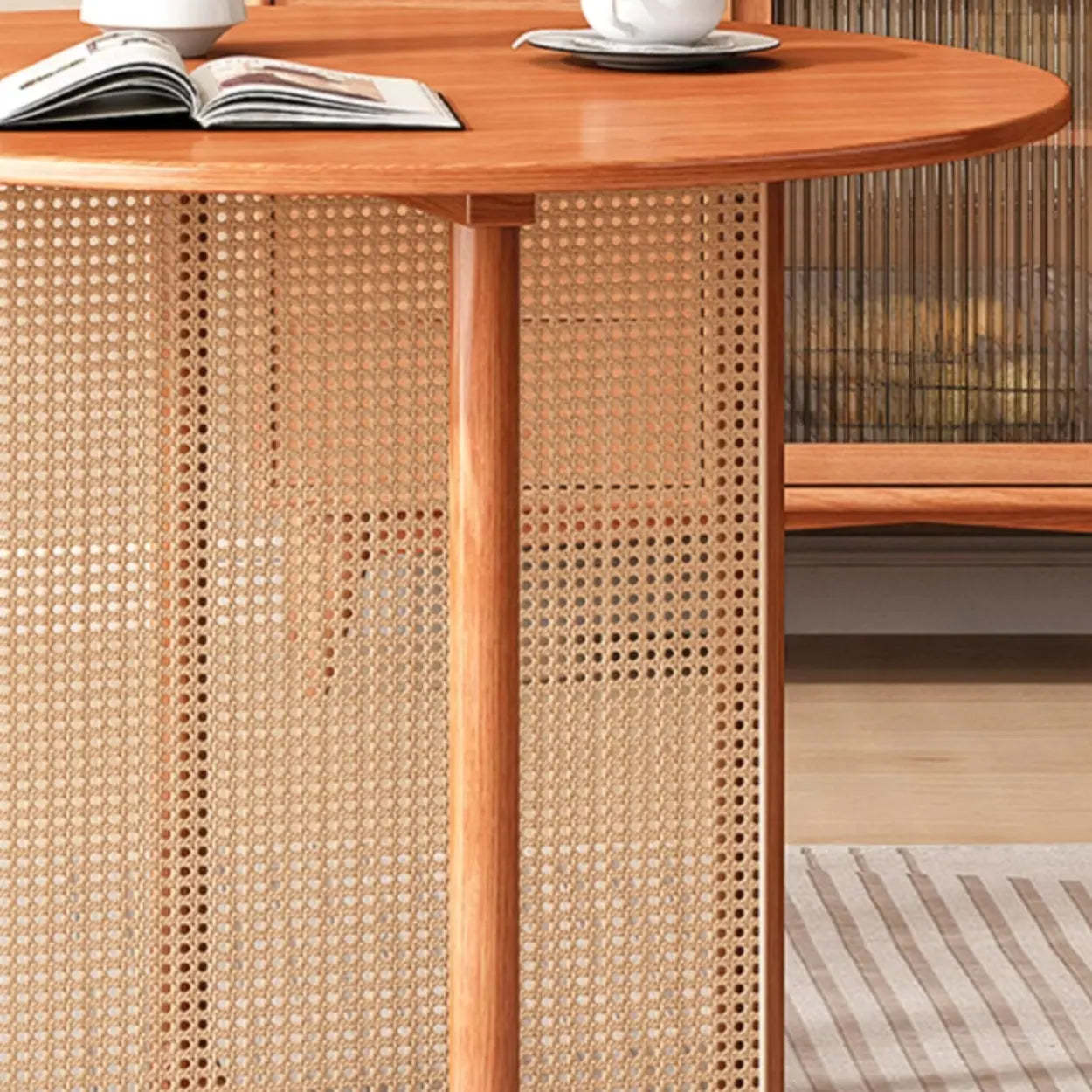 Scandinavian Woven Rattan Round Wood Dining Table