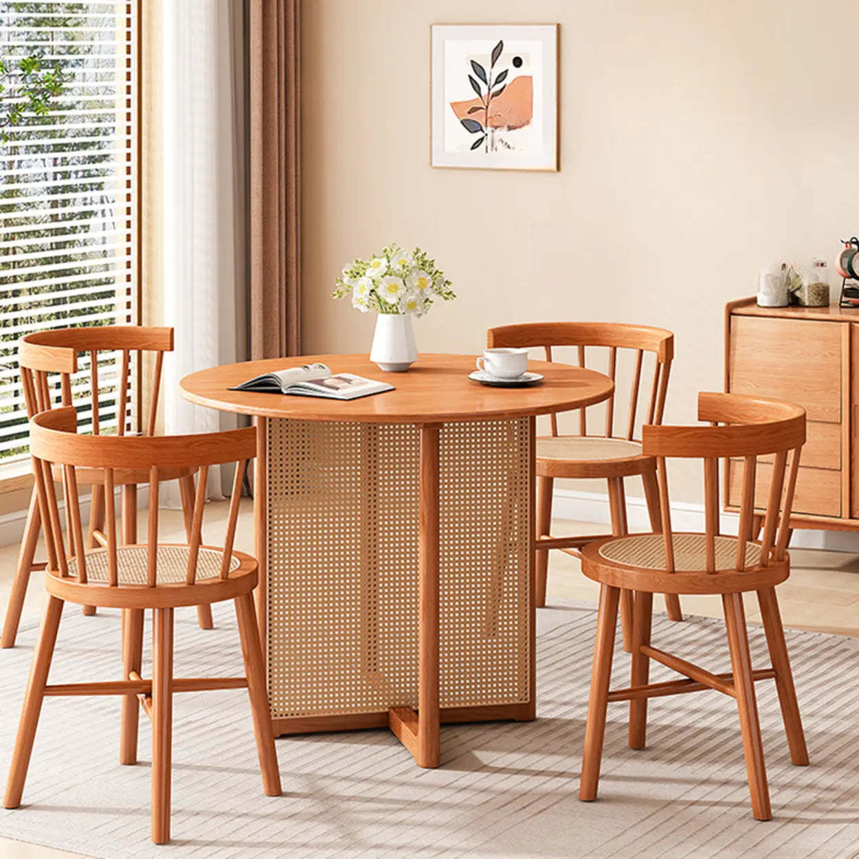 Scandinavian Woven Rattan Round Wood Dining Table — Walnut / Table Only