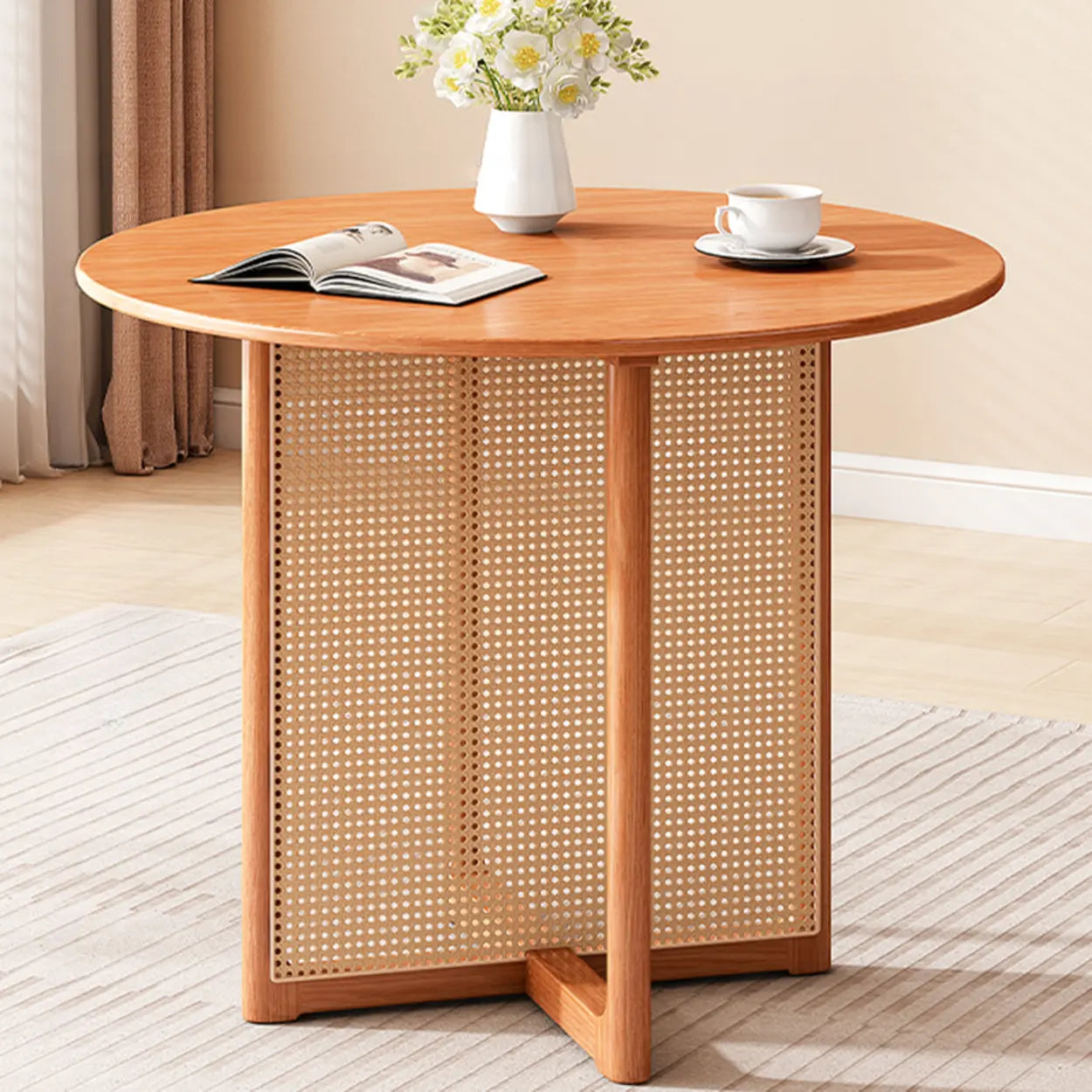 Scandinavian Woven Rattan Round Wood Dining Table — Walnut / Table Only