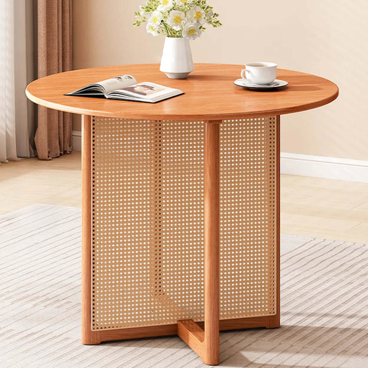 Scandinavian Woven Rattan Round Wood Dining Table — Walnut / Table Only