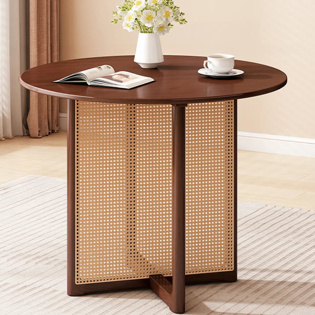 Scandinavian Woven Rattan Round Wood Dining Table — Natural / Table Only