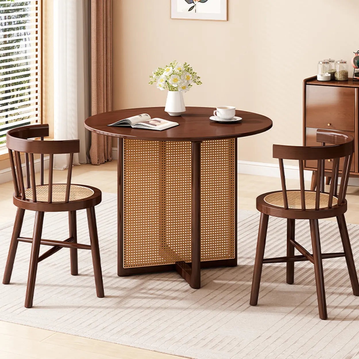 Scandinavian Woven Rattan Round Wood Dining Table — Walnut / Table Only
