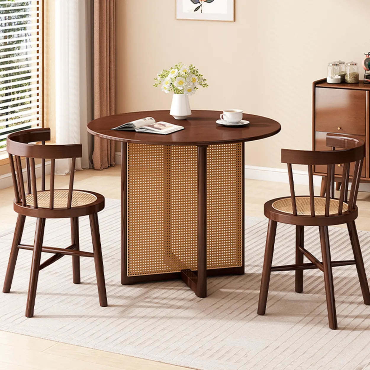 Scandinavian Woven Rattan Round Wood Dining Table — Walnut / Table Only