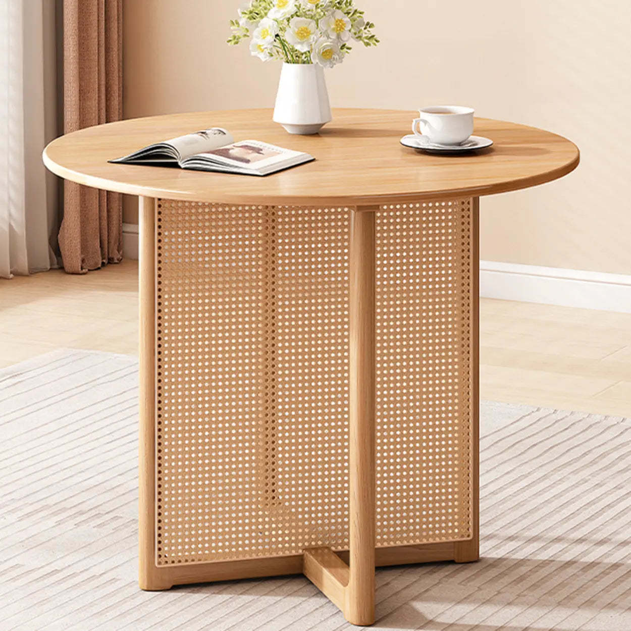 Scandinavian Woven Rattan Round Wood Dining Table — Natural / Table Only
