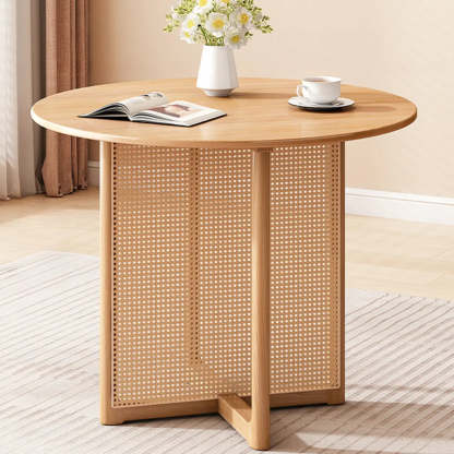 Scandinavian Woven Rattan Round Wood Dining Table — Natural / Table Only