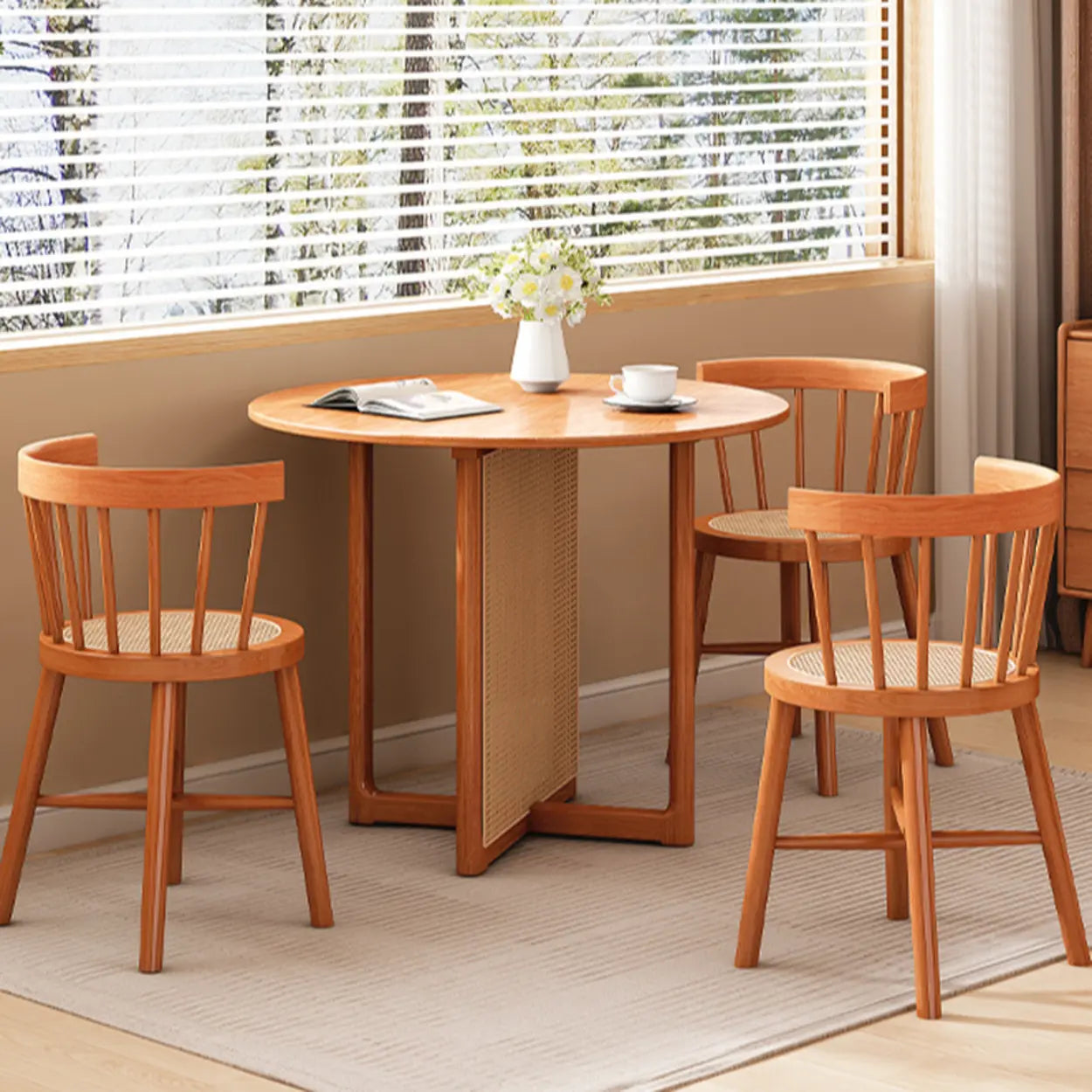 Scandinavian Woven Rattan Round Wood Dining Table — Natural / Table Only