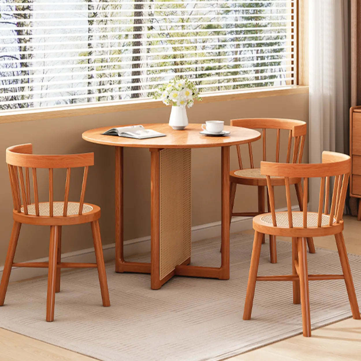Scandinavian Woven Rattan Round Wood Dining Table — Natural / Table Only