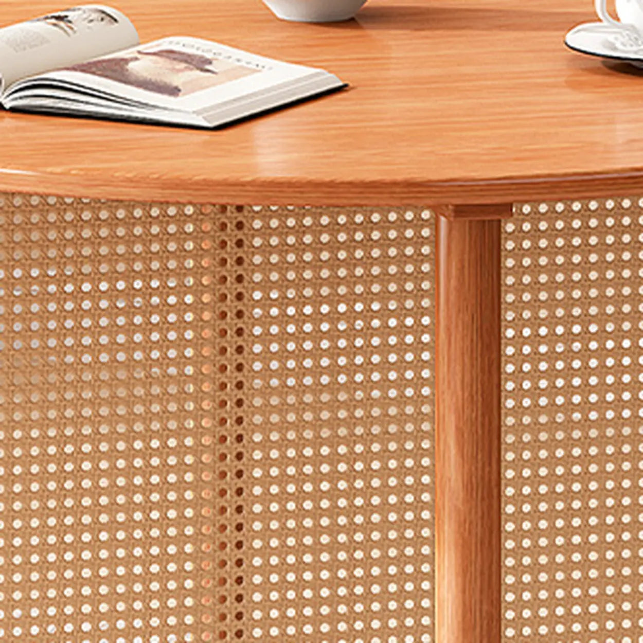 Scandinavian Woven Rattan Round Wood Dining Table — Cherry / Table Only