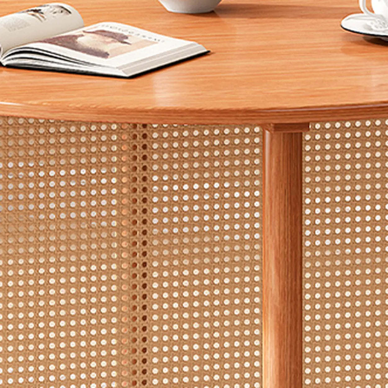 Scandinavian Woven Rattan Round Wood Dining Table — Cherry / Table Only
