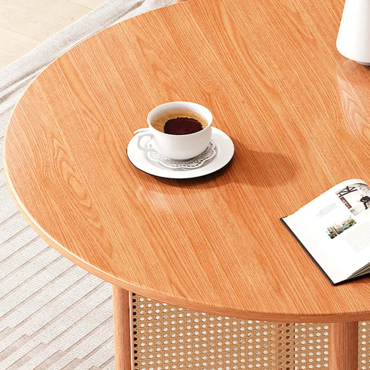 Scandinavian Woven Rattan Round Wood Dining Table — Cherry / Table Only