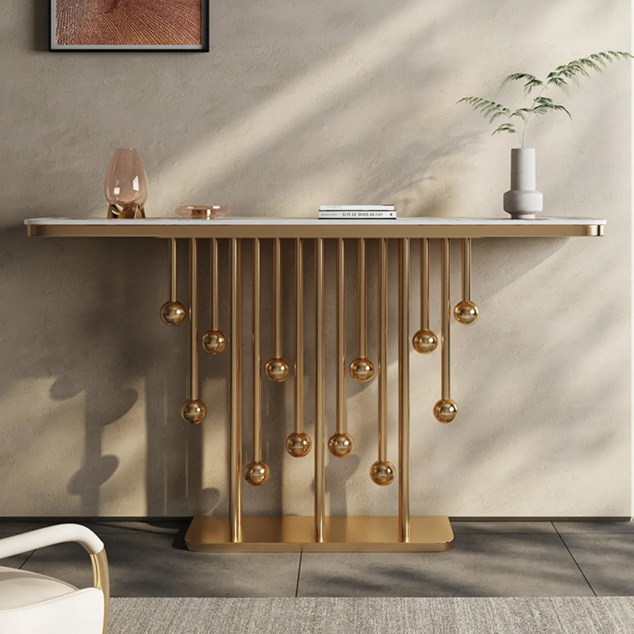 Artistic Globe-Base Stone Console Table — Champagne Gold