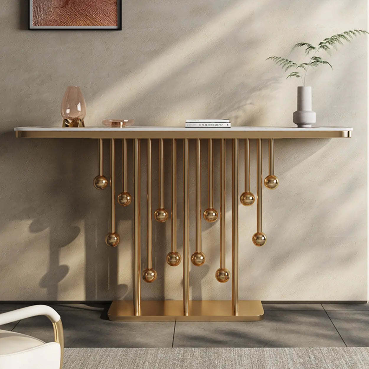 Artistic Globe-Base Stone Console Table — Champagne Gold