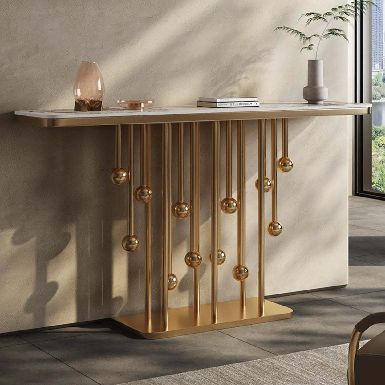 Artistic Globe-Base Stone Console Table