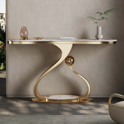 Curved Gold Stainless Steel Console Table — Light Included