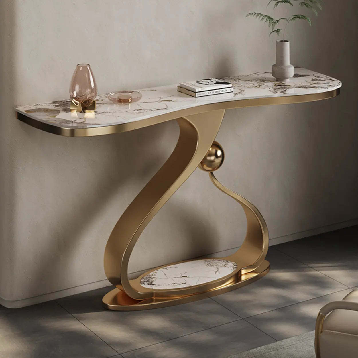 Curved Gold Stainless Steel Console Table — Light Not Included