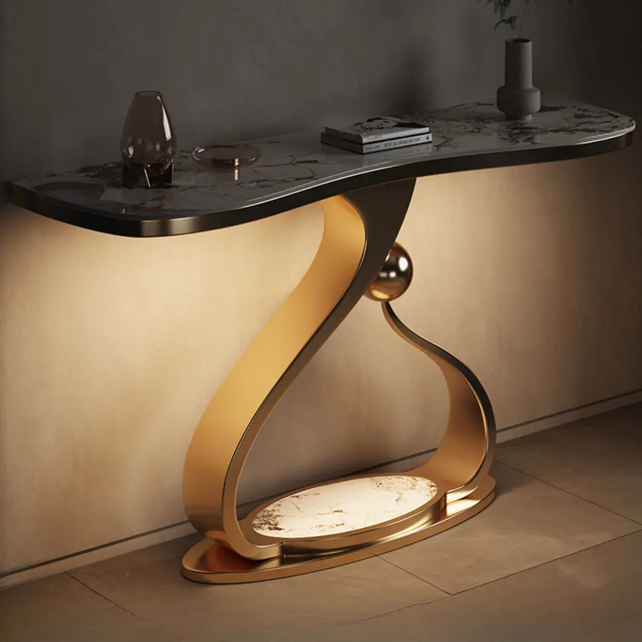 Curved Gold Stainless Steel Console Table — Light Included