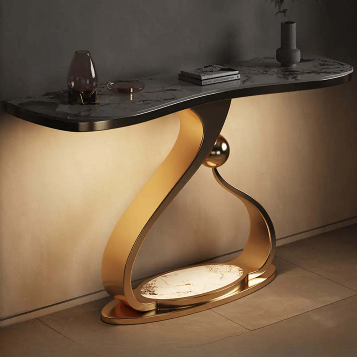 Curved Gold Stainless Steel Console Table — Light Included