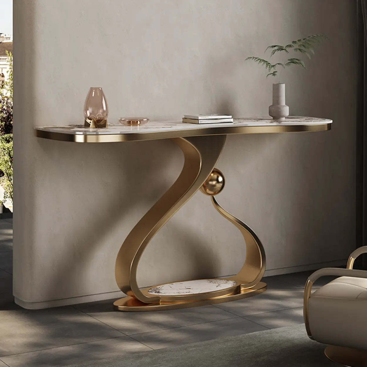Curved Gold Stainless Steel Console Table — Light Not Included