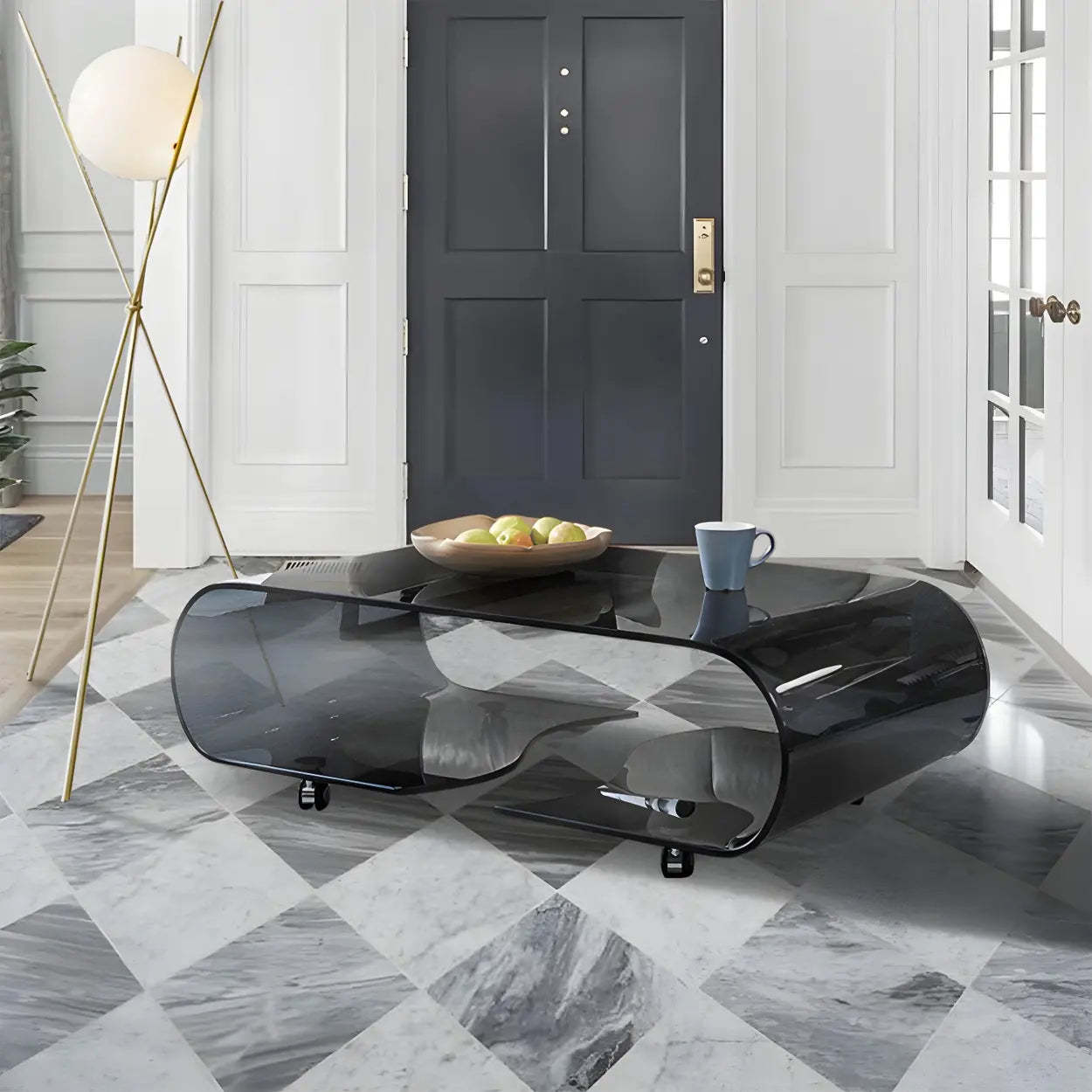 Modern rectangular coffee tables in glass metal leather