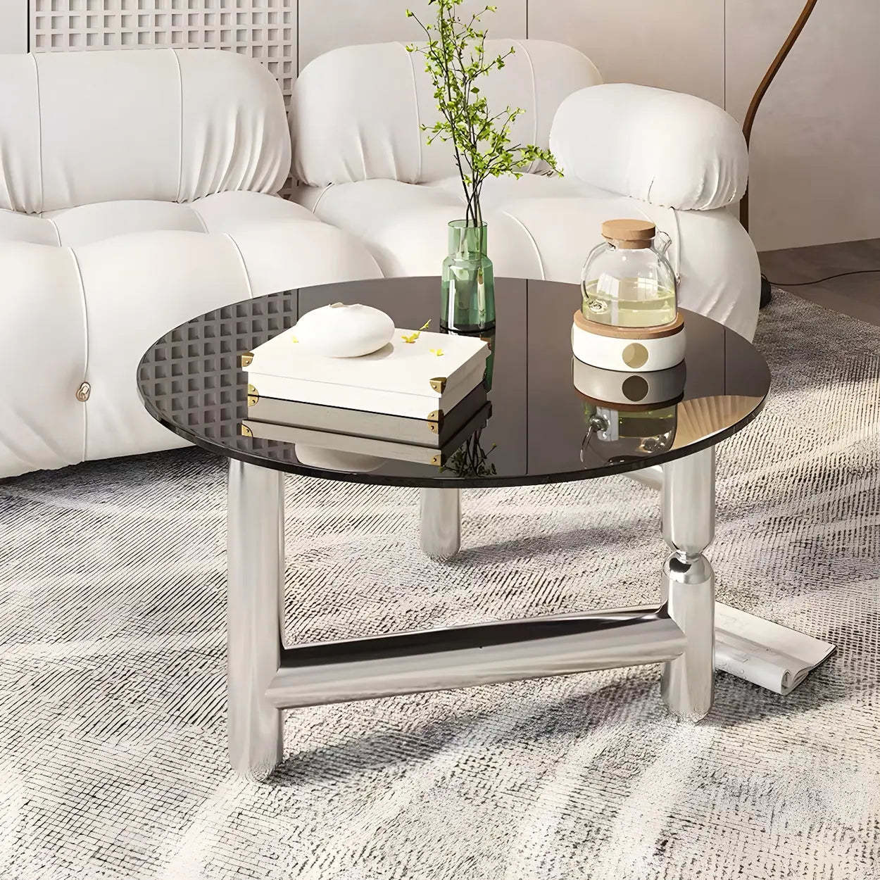 Modern three-leg round gray glass steel coffee tables