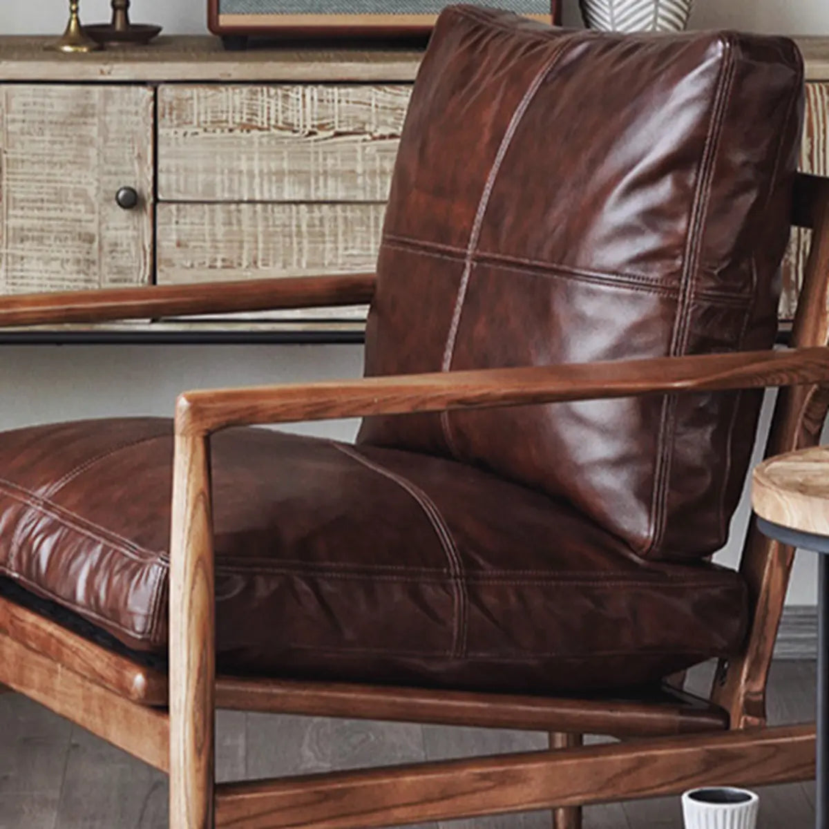 Scratch Resistant Leather Cushion Back Arm Chair — Brown / Natural Wood / Oil Wax Genuine Leather