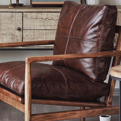 Scratch Resistant Leather Cushion Back Arm Chair — Brown / Natural Wood / Oil Wax Genuine Leather