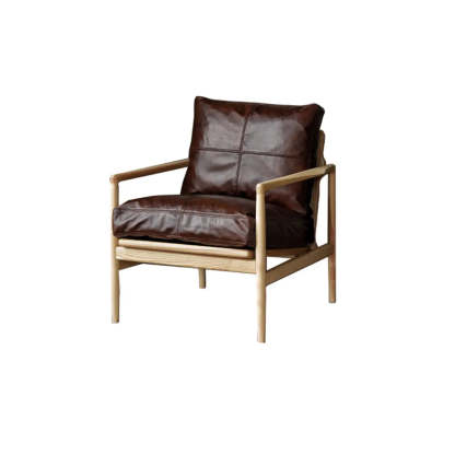 Scratch Resistant Leather Cushion Back Arm Chair — Dark Brown / Natural Wood / Oil Wax Genuine Leather
