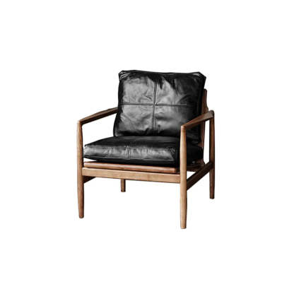 Scratch Resistant Leather Cushion Back Arm Chair — Green / Natural Wood / Oil Wax Genuine Leather